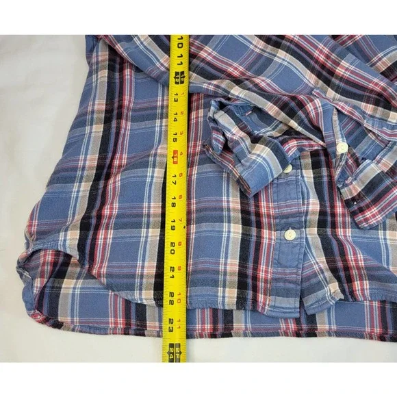 Levis Womens Flannel Shirt XL Boyfriend Fit Blue Plaid Button Up Barrel Cuff - Picture 10 of 10